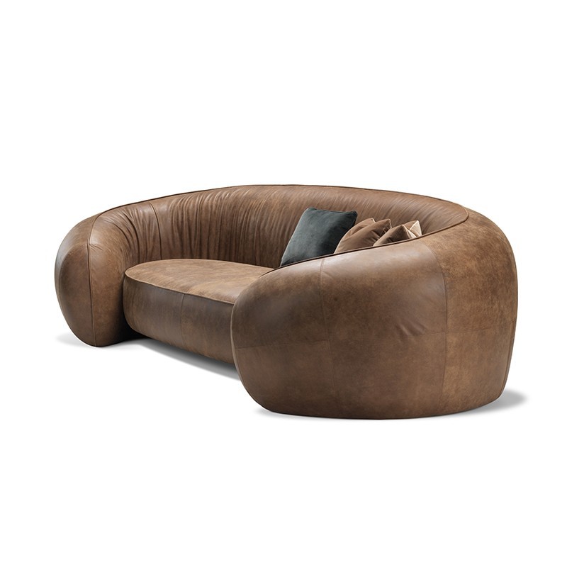 Brown Leather-Look Cocoon Sofa with Rounded Enclosed Arms